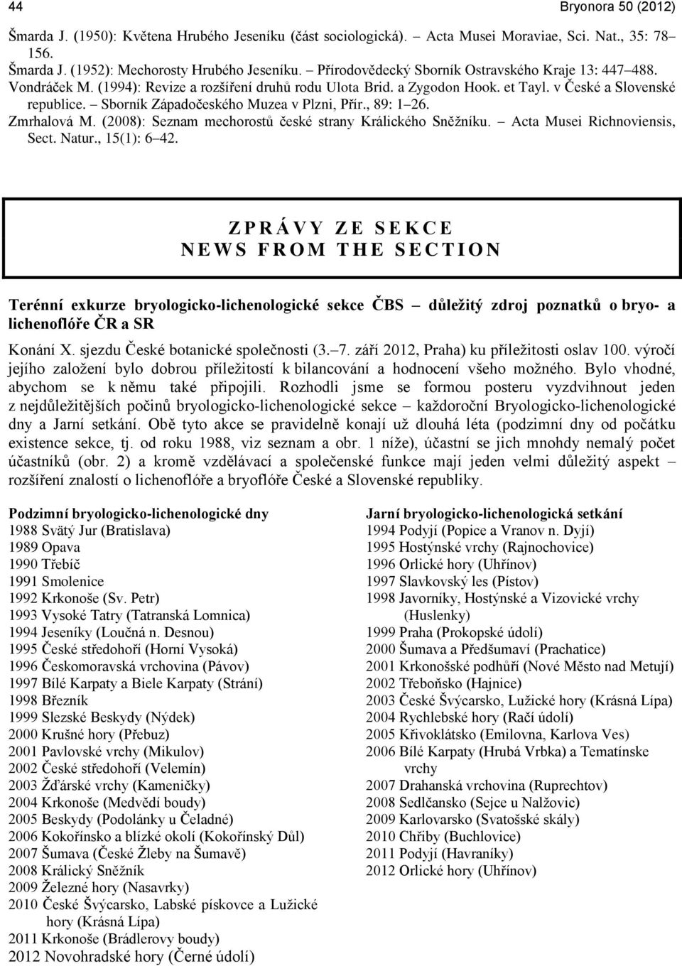 Sborník Západočeského Muzea v Plzni, Přír., 89: 1 26. Zmrhalová M. (2008): Seznam mechorostů české strany Králického Sněžníku. Acta Musei Richnoviensis, Sect. Natur., 15(1): 6 42.