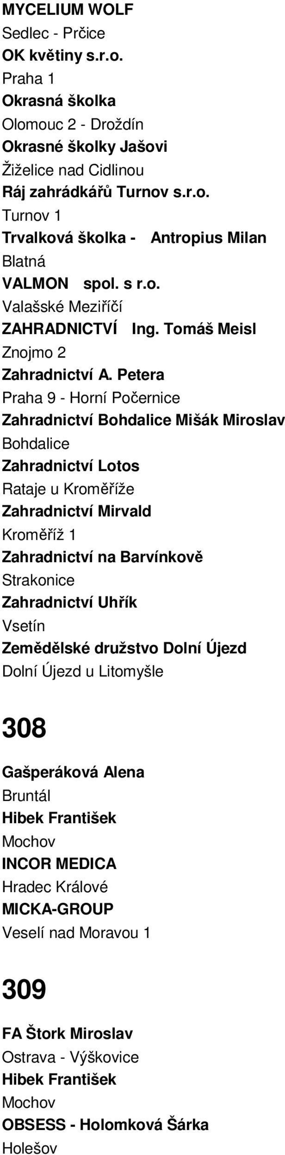 Petera Praha 9 - Horní Počernice Zahradnictví Bohdalice Mišák Miroslav Bohdalice Zahradnictví Lotos Rataje u Kroměříže Zahradnictví Mirvald Kroměříž 1 Zahradnictví na Barvínkově