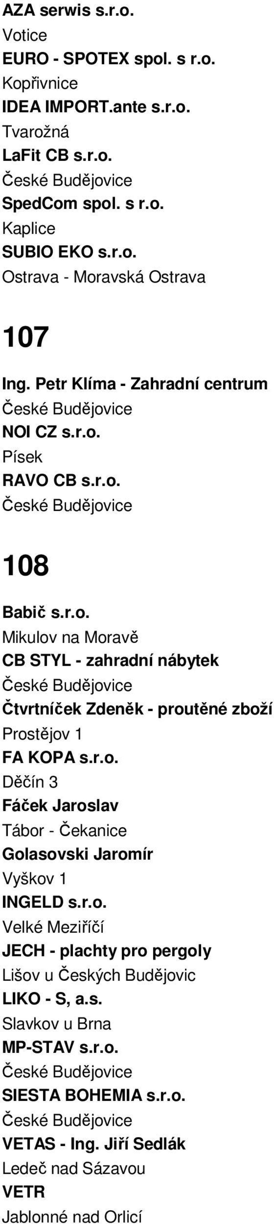 r.o. Děčín 3 Fáček Jaroslav Tábor - Čekanice Golasovski Jaromír Vyškov 1 INGELD s.r.o. Velké Meziříčí JECH - plachty pro pergoly Lišov u Českých Budějovic LIKO - S, a.