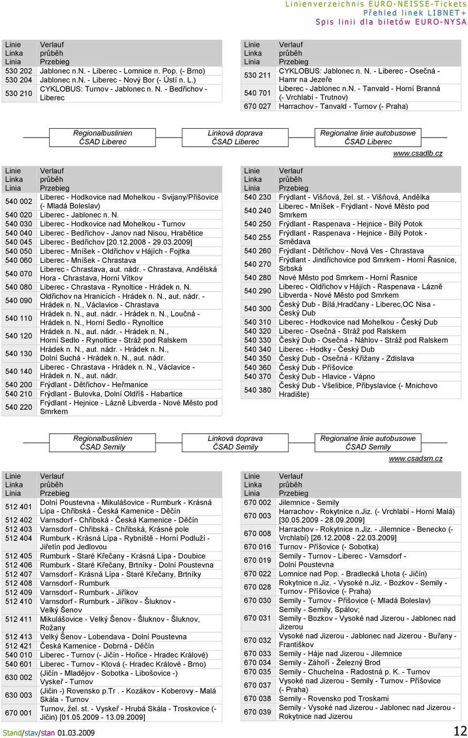 csadlb.cz 540 002 Liberec - Hodkovice nad Mohelkou - Svijany/Přišovice (- Mladá Boleslav) 540 020 Liberec - Jablonec n. N.