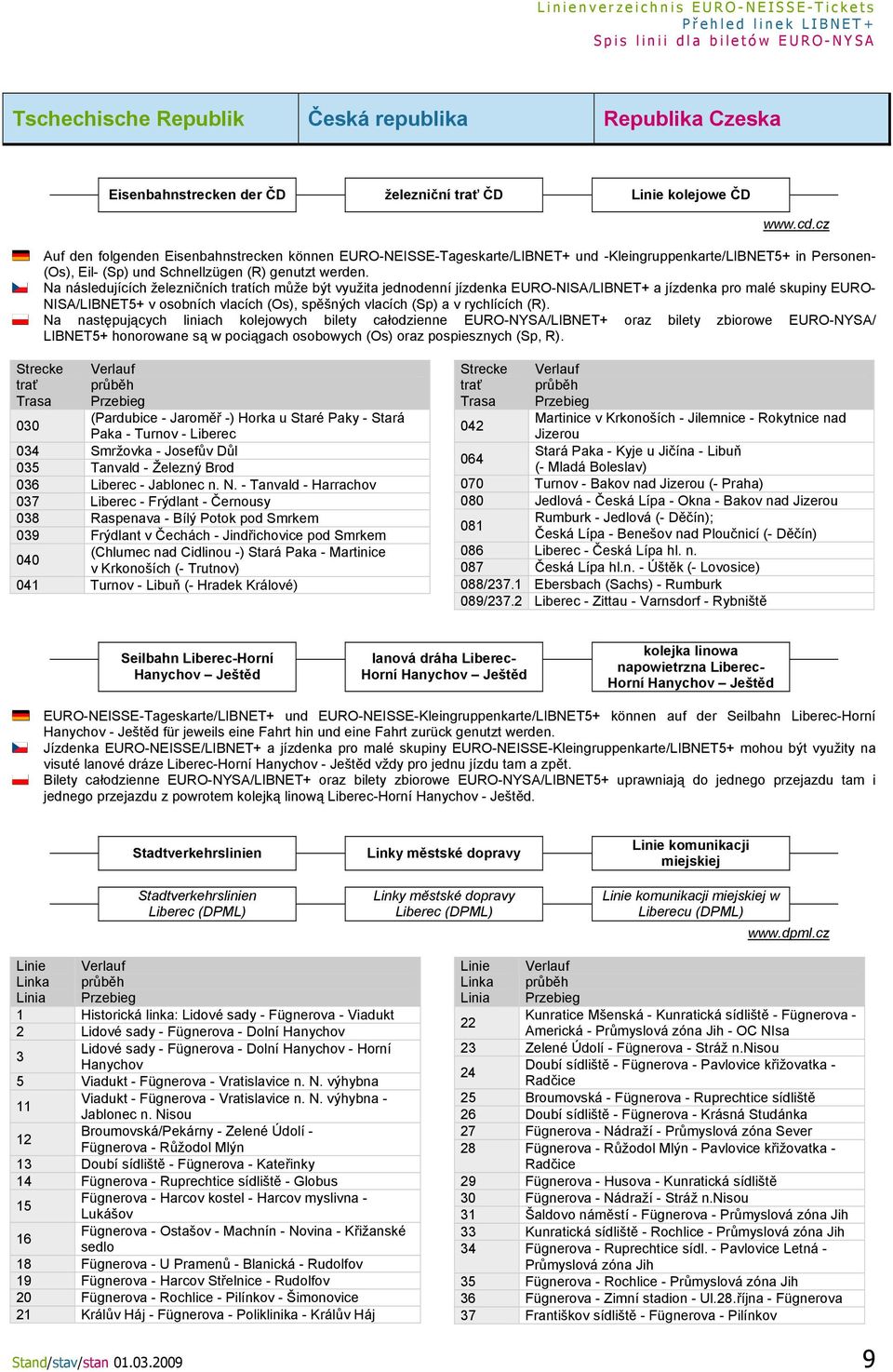 Na následujících železničních tratích může být využita jednodenní jízdenka EURO-NISA/LIBNET+ a jízdenka pro malé skupiny EURO- NISA/LIBNET5+ v osobních vlacích (Os), spěšných vlacích (Sp) a v