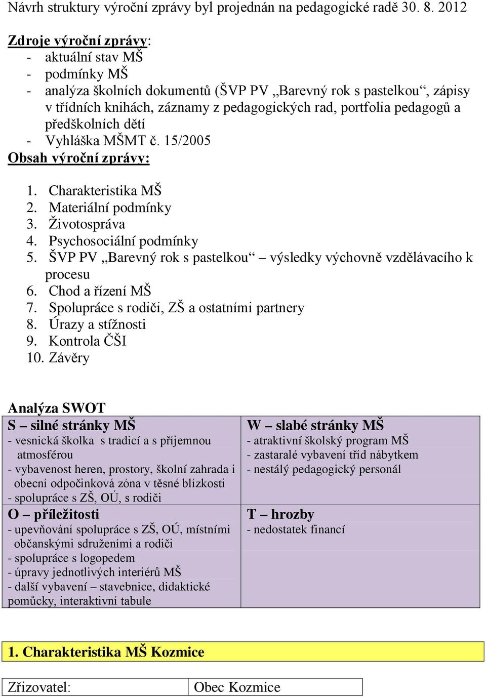 předškolních dětí - Vyhláška MŠMT č. 15/2005 Obsah výroční zprávy: 1. Charakteristika MŠ 2. Materiální podmínky 3. Životospráva 4. Psychosociální podmínky 5.