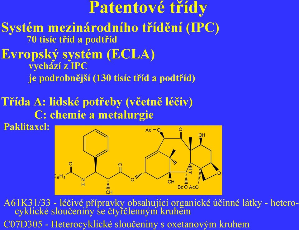 Paklitaxel: Ac O O OH C 6 H 5 O N H OH O O OH Bz O AcO A61K31/33 - léčivé přípravky obsahující organické