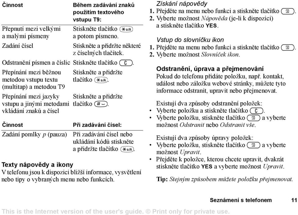 textového vstupu T9: Stiskněte a přidržte tlačítko. Stiskněte a přidržte tlačítko. Při zadávání čísel: Při zadávání čísel nebo ukládání kódů stiskněte apřidržte tlačítko.