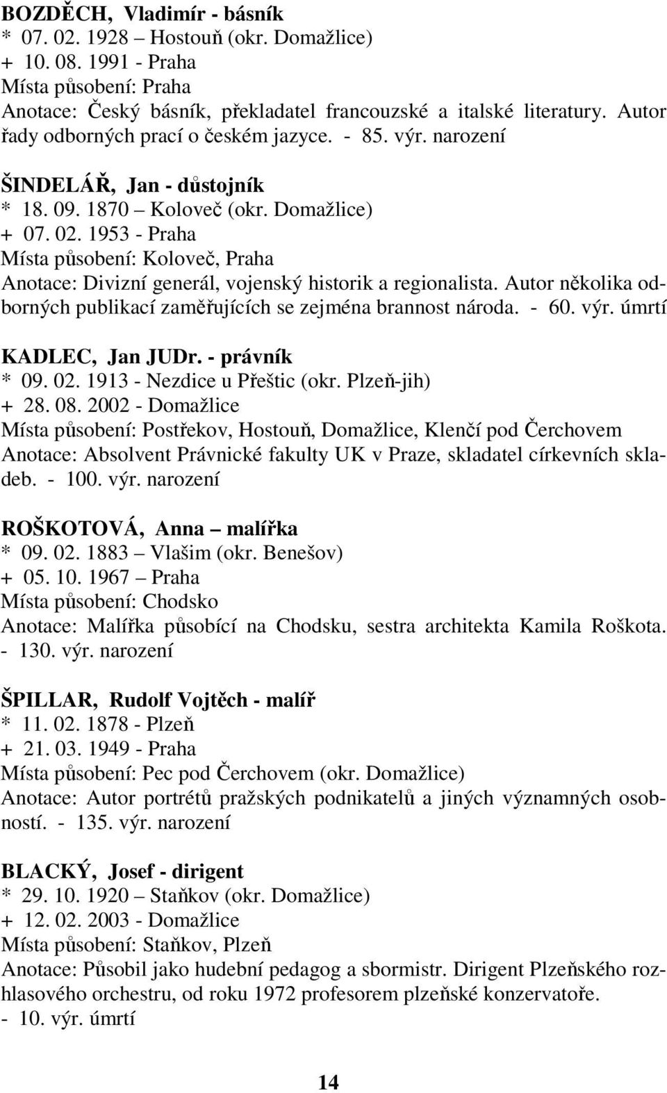 1953 - Praha Místa působení: Koloveč, Praha Anotace: Divizní generál, vojenský historik a regionalista. Autor několika odborných publikací zaměřujících se zejména brannost národa. - 60. výr.