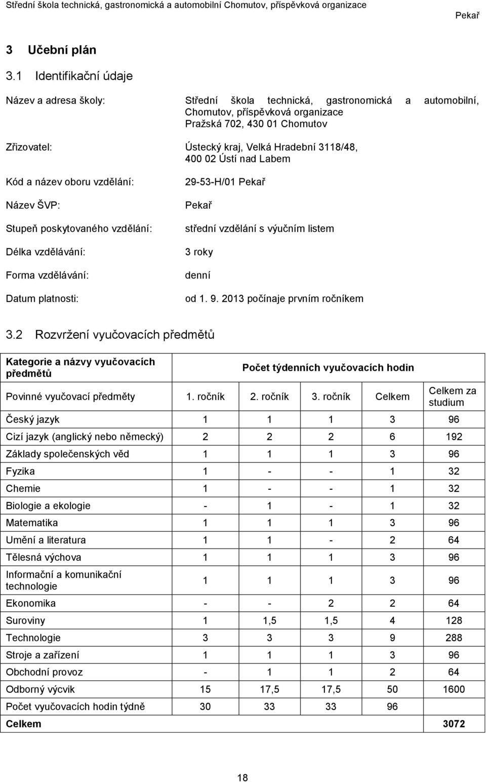 Hradební 3118/48, 400 02 Ústí nad Labem Kód a název oboru vzdělání: Název ŠVP: Stupeň poskytovaného vzdělání: Délka vzdělávání: Forma vzdělávání: Datum platnosti: 29-53-H/01 střední vzdělání s