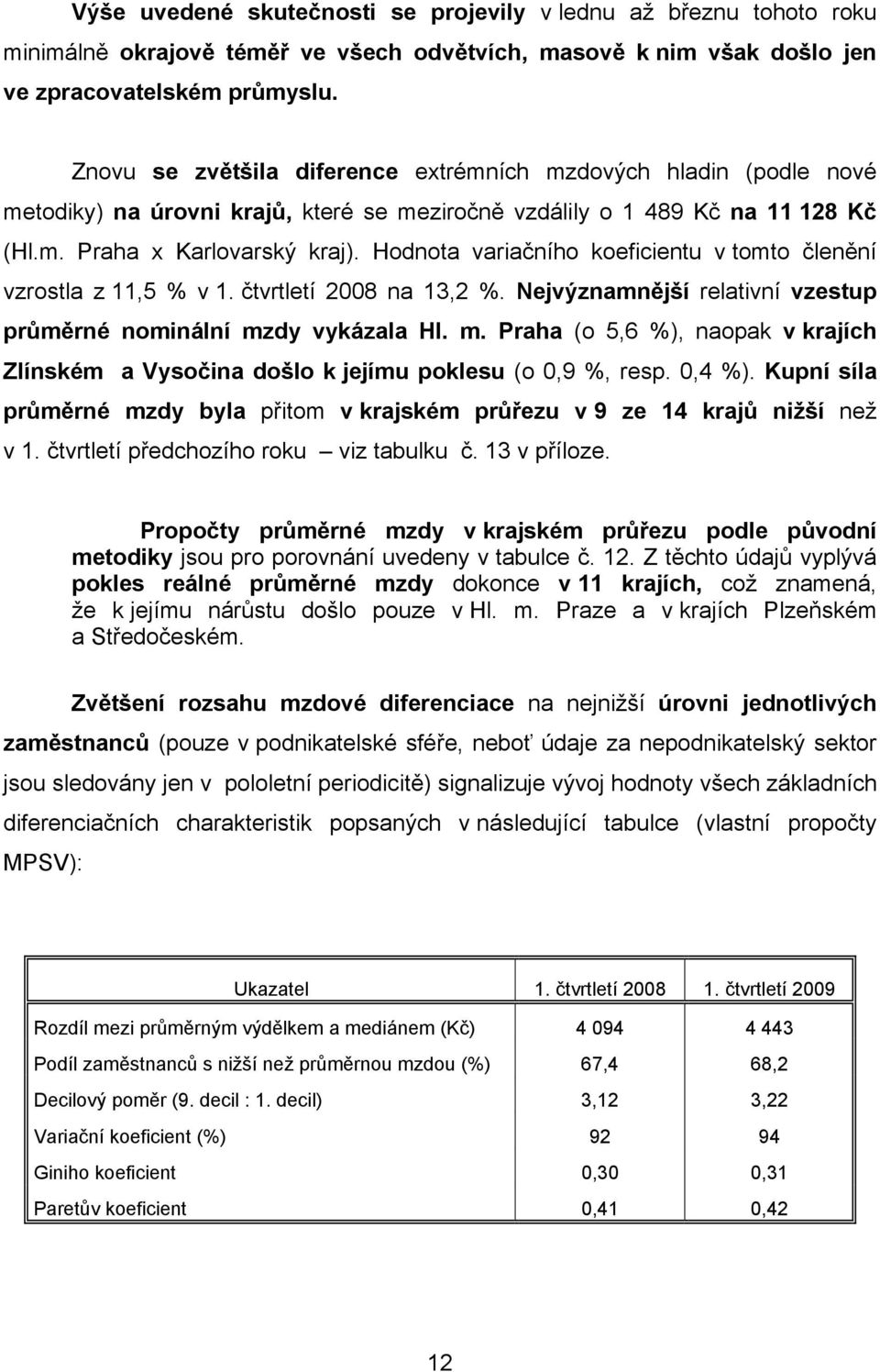 Hodnota variačního koeficientu v tomto členění vzrostla z 11,5 % v 1. čtvrtletí 2008 na 13,2 %. Nejvýznamnější relativní vzestup průměrné nominální mz