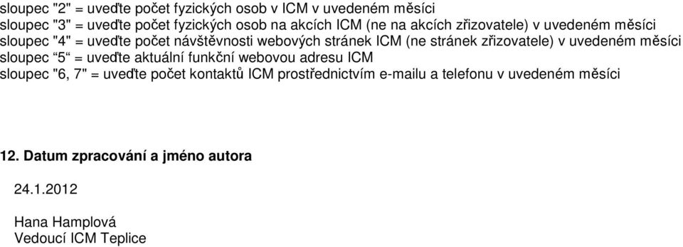 zřizovatele) v uvedeném měsíci sloupec 5 = uveďte aktuální funkční webovou adresu ICM sloupec "6, 7" = uveďte počet