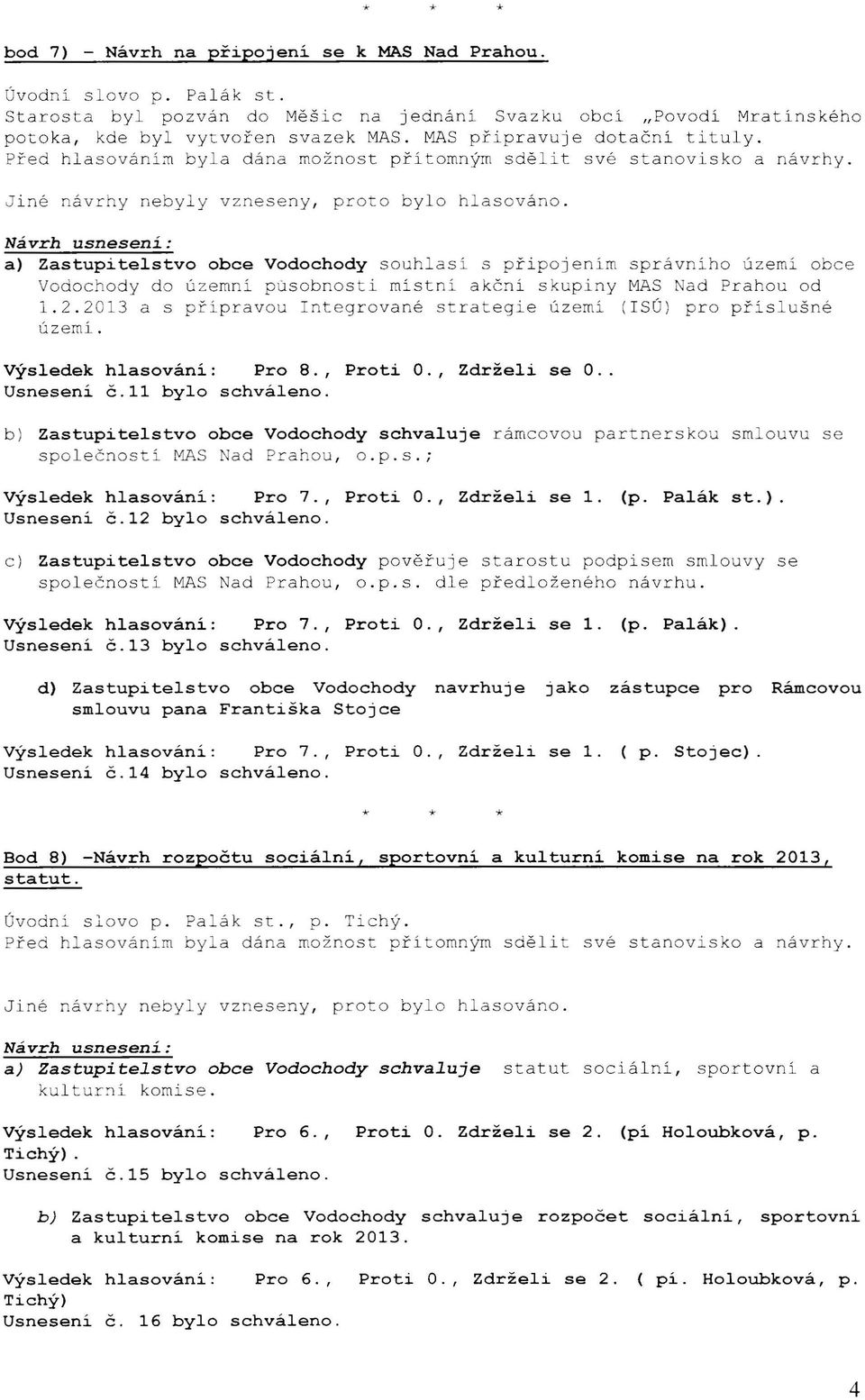 a) Zastupitelstvo obce Vodochody souhlasí s prlpojením správního území obce Vodochody do územní působnosti místní akční skupiny MAS Nad Prahou od 1.2.