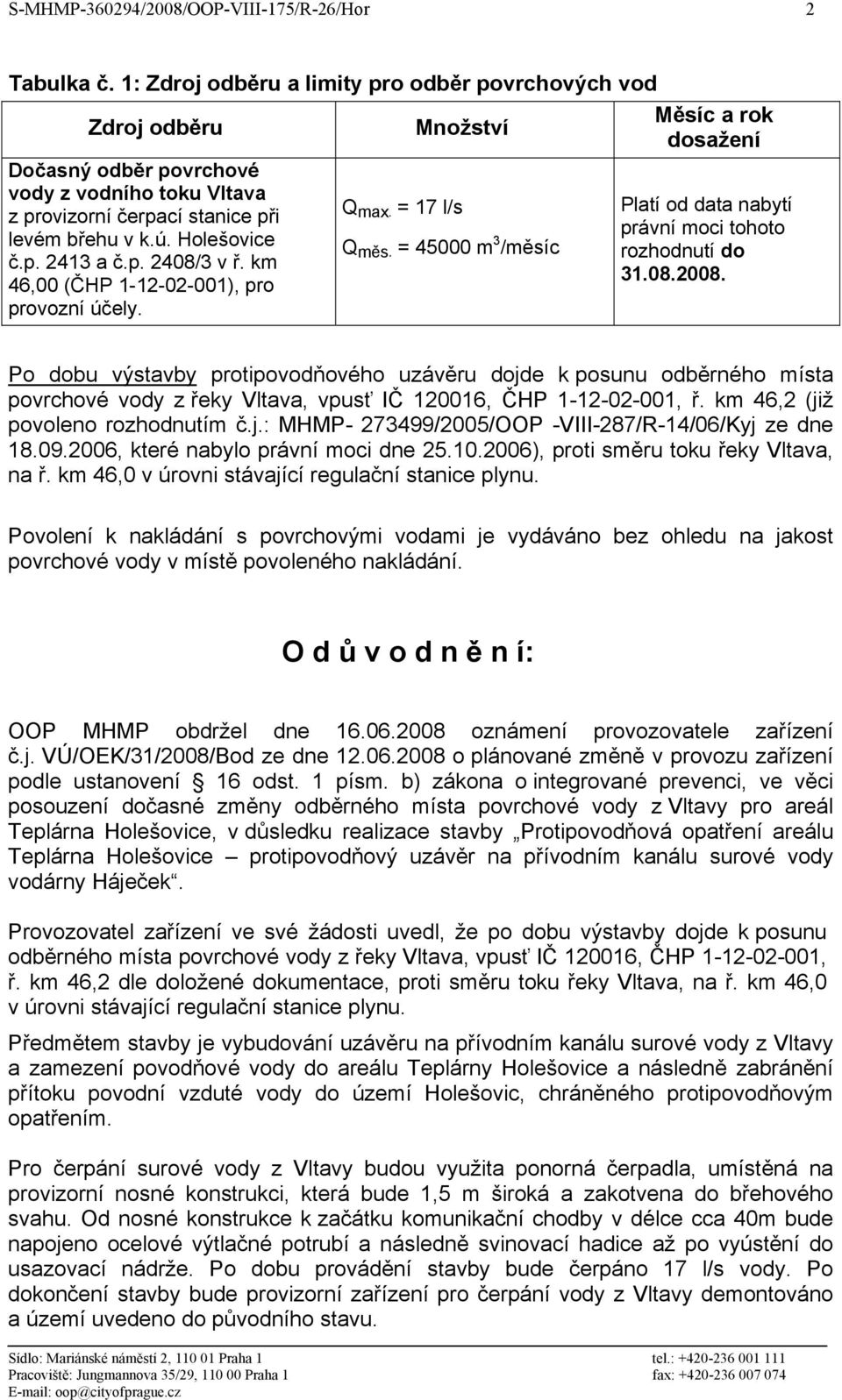 Holešovice č.p. 2413 a č.p. 2408/3 v ř. km 46,00 (ČHP 1-12-02-001), pro provozní účely. Q max. = 17 l/s Q měs. = 45000 m 3 /měsíc Platí od data nabytí právní moci tohoto rozhodnutí do 31.08.2008.