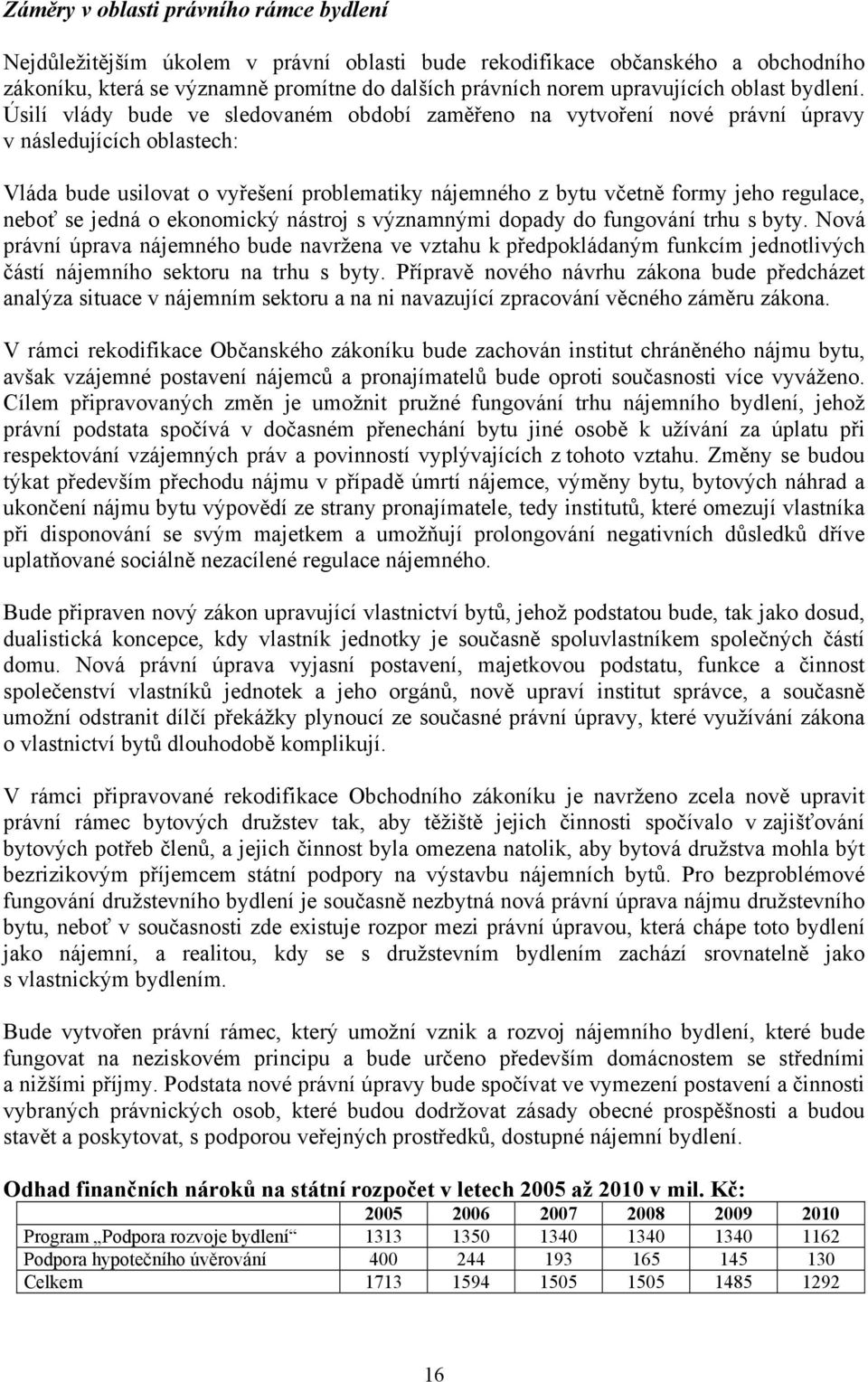 Úsilí vlády bude ve sledovaném období zaměřeno na vytvoření nové právní úpravy v následujících oblastech: Vláda bude usilovat o vyřešení problematiky nájemného z bytu včetně formy jeho regulace,