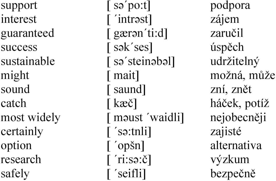 [ saund] [ kæč] [ məust waidli] [ sə:tnli] [ opšn] [ ri:sə:č] [ seifli] podpora zájem zaručil