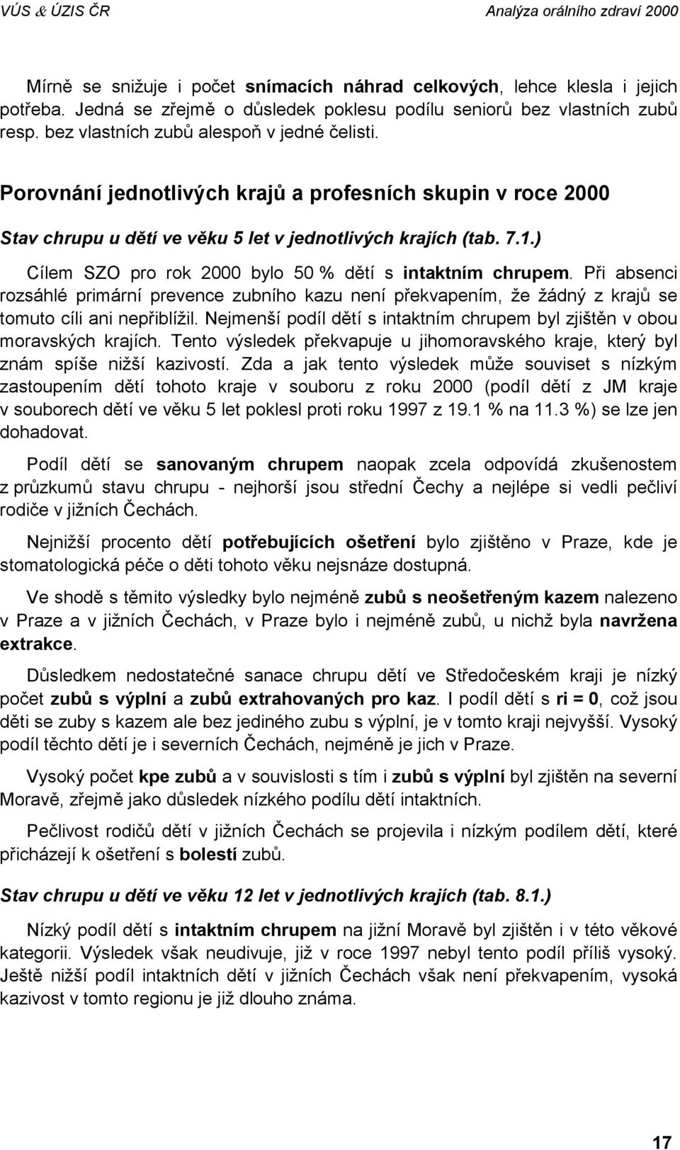 ) Cílem SZO pro rok 2000 bylo 50 % dětí s intaktním chrupem. Při absenci rozsáhlé primární prevence zubního kazu není překvapením, že žádný z krajů se tomuto cíli ani nepřiblížil.