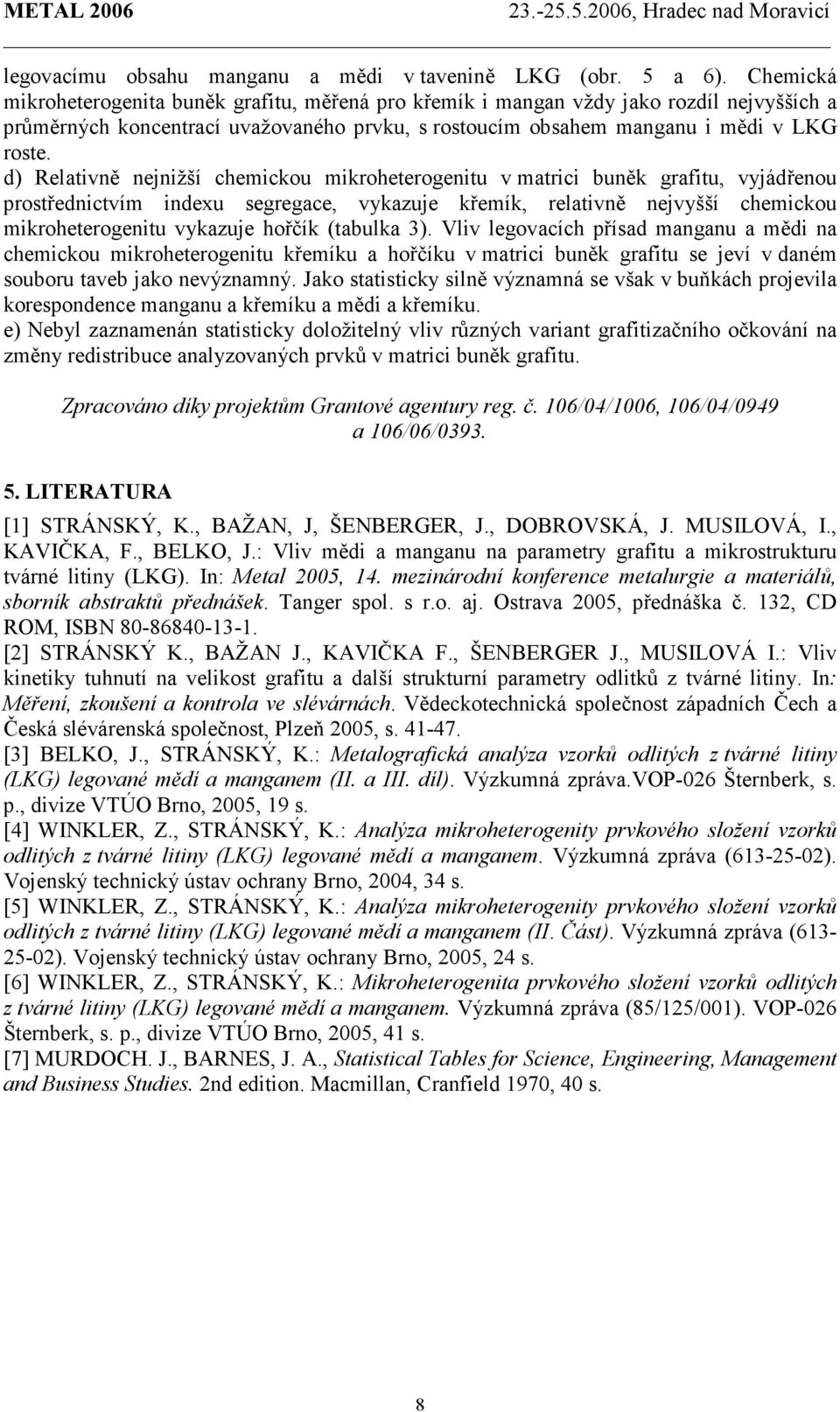 d) Relativně nejnižší chemickou mikroheterogenitu v matrici buněk grafitu, vyjádřenou prostřednictvím indeu segregace, vykazuje křemík, relativně nejvyšší chemickou mikroheterogenitu vykazuje hořčík