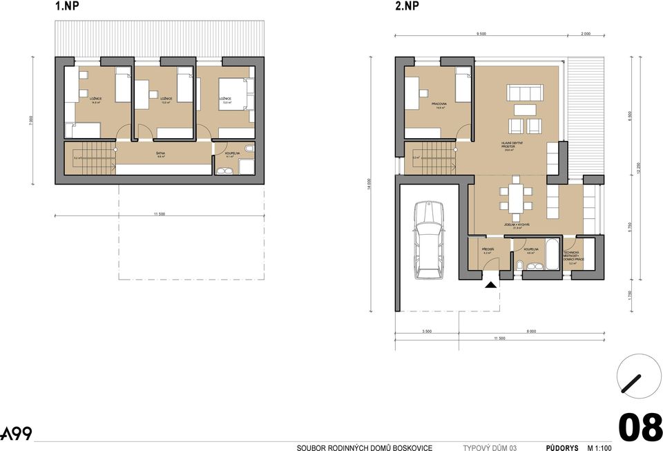 ŠATNA KOUPELNA 9,8 m2 4,1 m2 11 500 14 000 5,2 m 2 HLAVNÍ OBYTNÝ PROSTOR 29,8 m 2 JÍDELNA +