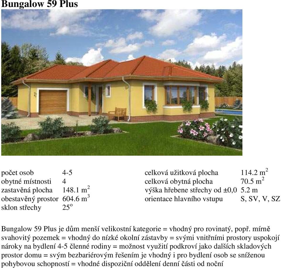 2 m orientace hlavního vstupu S, SV, V, SZ Bungalow 59 Plus je dům menší velikostní kategorie = vhodný pro rovinatý, popř.