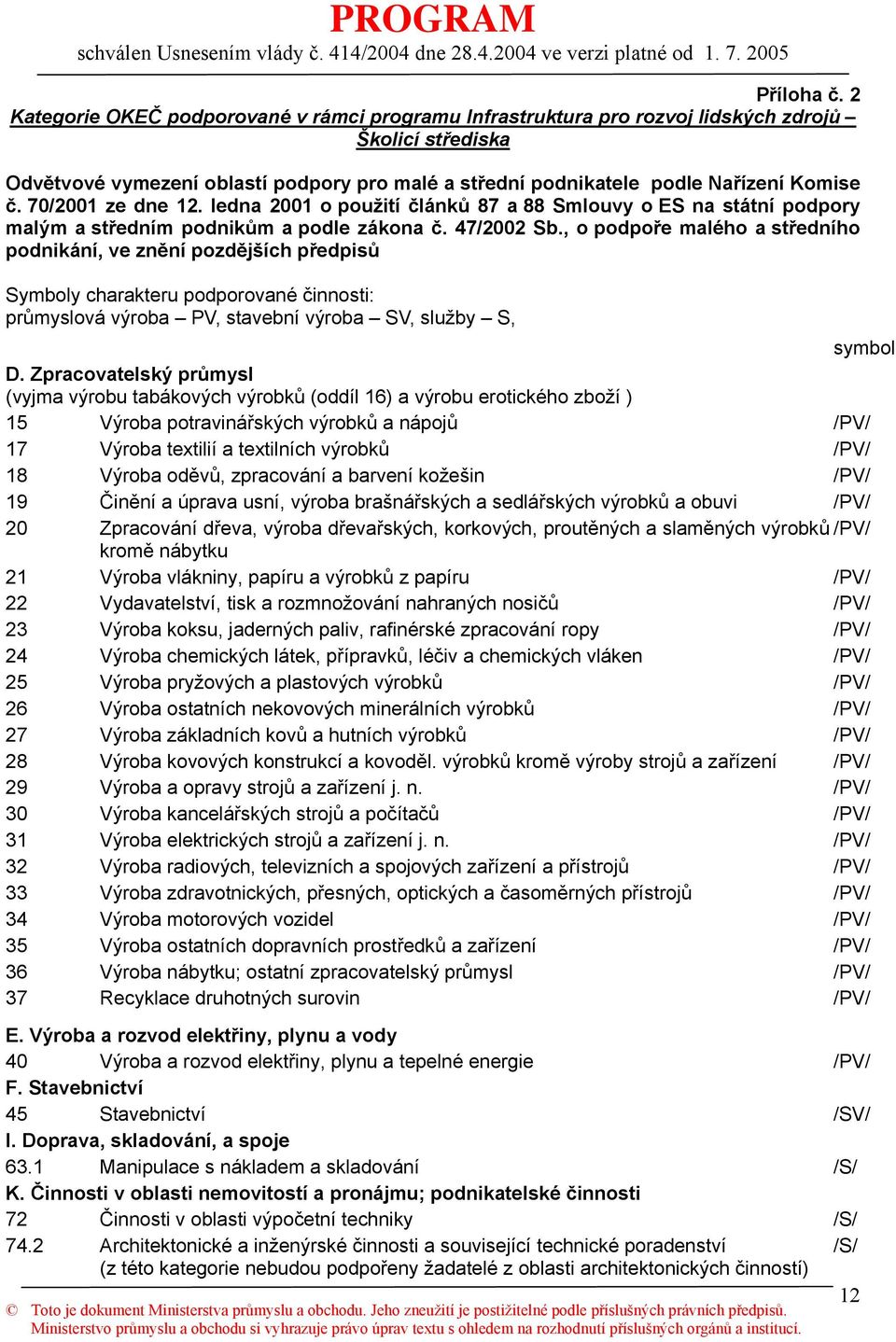 70/2001 ze dne 12. ledna 2001 o použití článků 87 a 88 Smlouvy o ES na státní podpory malým a středním podnikům a podle zákona č. 47/2002 Sb.