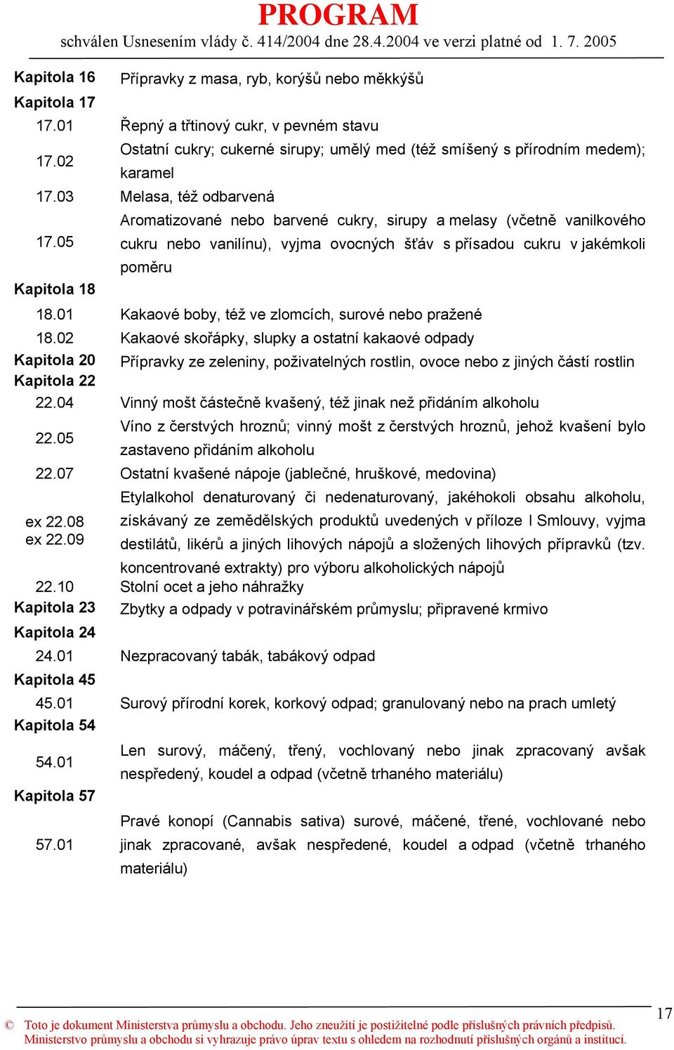 05 cukru nebo vanilínu), vyjma ovocných šťáv s přísadou cukru v jakémkoli poměru Kapitola 18 18.01 Kakaové boby, též ve zlomcích, surové nebo pražené 18.