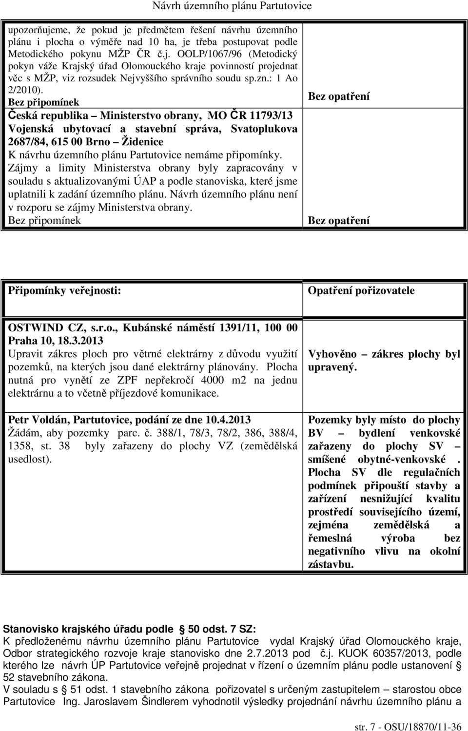 Česká republika Ministerstvo obrany, MO ČR 11793/13 Vojenská ubytovací a stavební správa, Svatoplukova 2687/84, 615 00 Brno Židenice K návrhu územního plánu Partutovice nemáme připomínky.