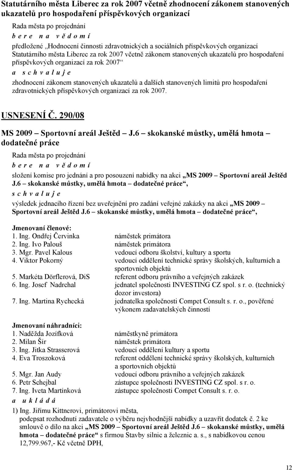 ukazatelů a dalších stanovených limitů pro hospodaření zdravotnických příspěvkových organizací za rok 2007. USNESENÍ Č. 290/08 MS 2009 Sportovní areál Ještěd J.