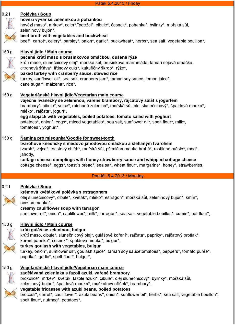 buckwheat beef*, carrot*, celery*, parsley*, onion*, garlic*, buckwheat*, herbs*, sea salt, vegetable bouillon*, pečené krůtí maso s brusinkovou omáčkou, dušená rýže krůtí maso, slunečnicový olej*,