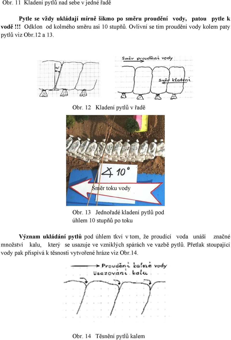 13 Jednořadé kladení pytlů pod úhlem 10 stupňů po toku Význam ukládání pytlů pod úhlem tkví v tom, že proudící voda unáší značné množství kalu,
