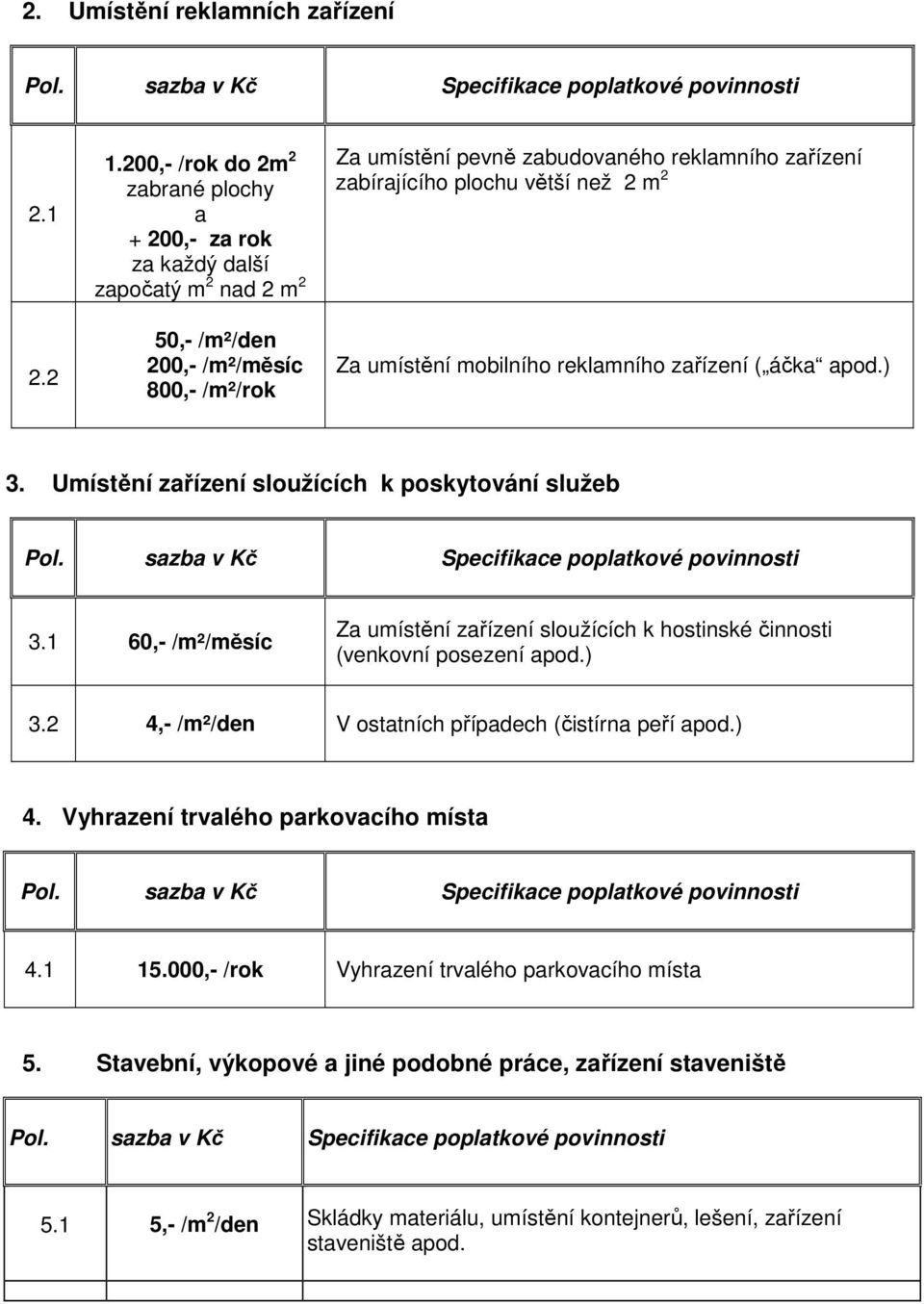 zabírajícího plochu větší než 2 m 2 Za umístění mobilního reklamního zařízení ( áčka apod.) 3. Umístění zařízení sloužících k poskytování služeb 3.