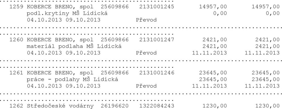 11.2013 11.11.2013... 1261 KOBERCE BRENO, spol 25609866 2131001246 23645,00 23645,00 práce - podlahy MŠ Lidická 23645,00 23645,00 04.
