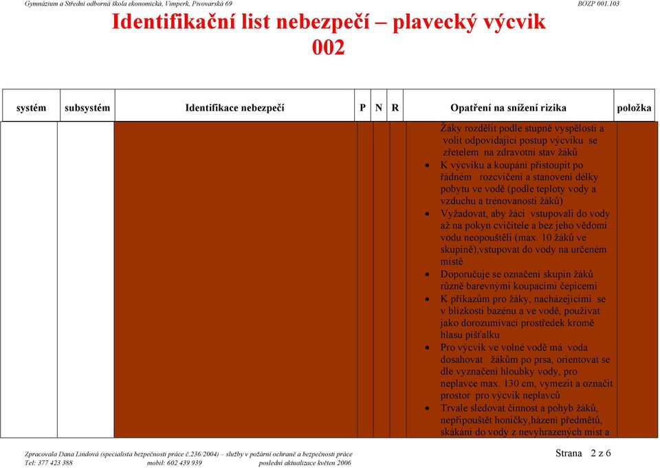 10 žáků ve skupině),vstupovat do vody na určeném místě Doporučuje se označení skupin žáků různě barevnými koupacími čepicemi K příkazům pro žáky, nacházejícími se v blízkosti bazénu a ve vodě,