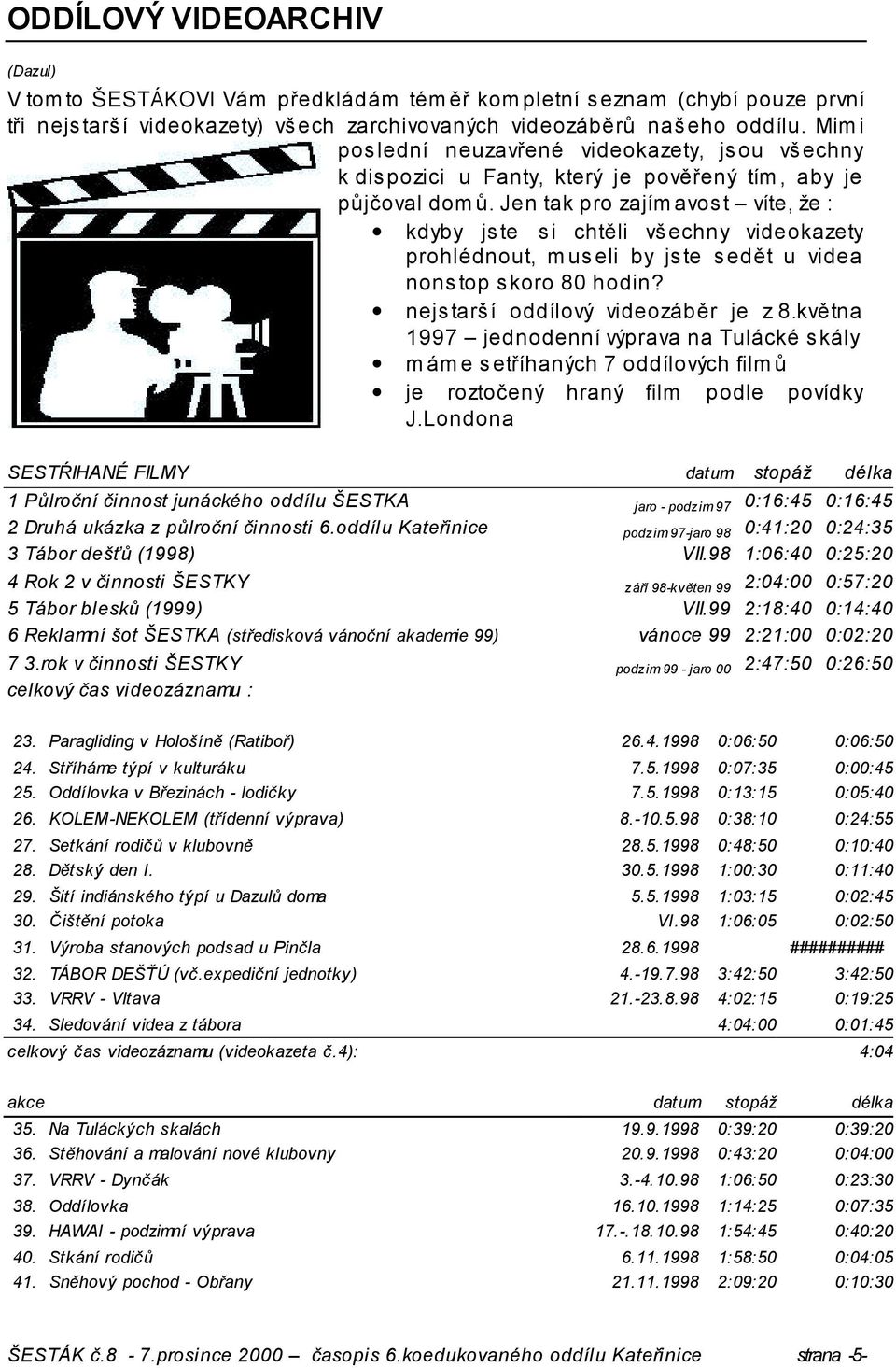 Jen tak pro zajím avos t víte, že : kdyby js te s i chtěli všechny videokazety prohlédnout, museli by jste sedět u videa nonstop skoro 80 hodin? nejstarší oddílový videozáběr je z 8.