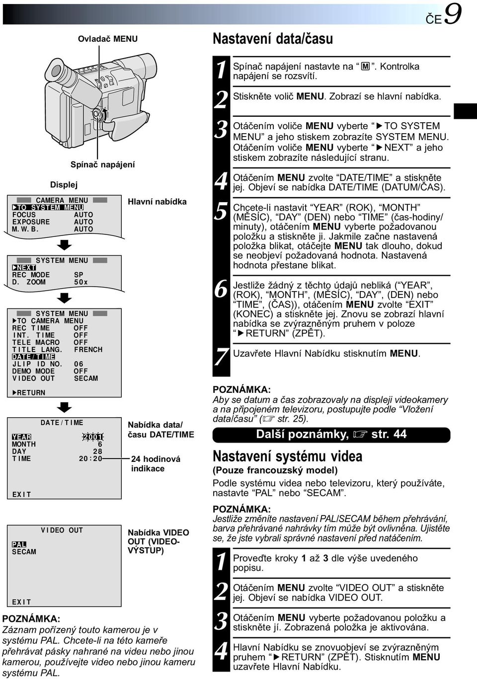 06 DEMO MOD E V I DEO OUT OFF SECAM RETURN YEAR MON TH DAY T I ME EX I T PAL SECAM EX I T Displej DATE / T I ME VIDEO OUT Ovladač MENU Spínač napájení 00 6 8 0 : Hlavní nabídka Nabídka data/ času