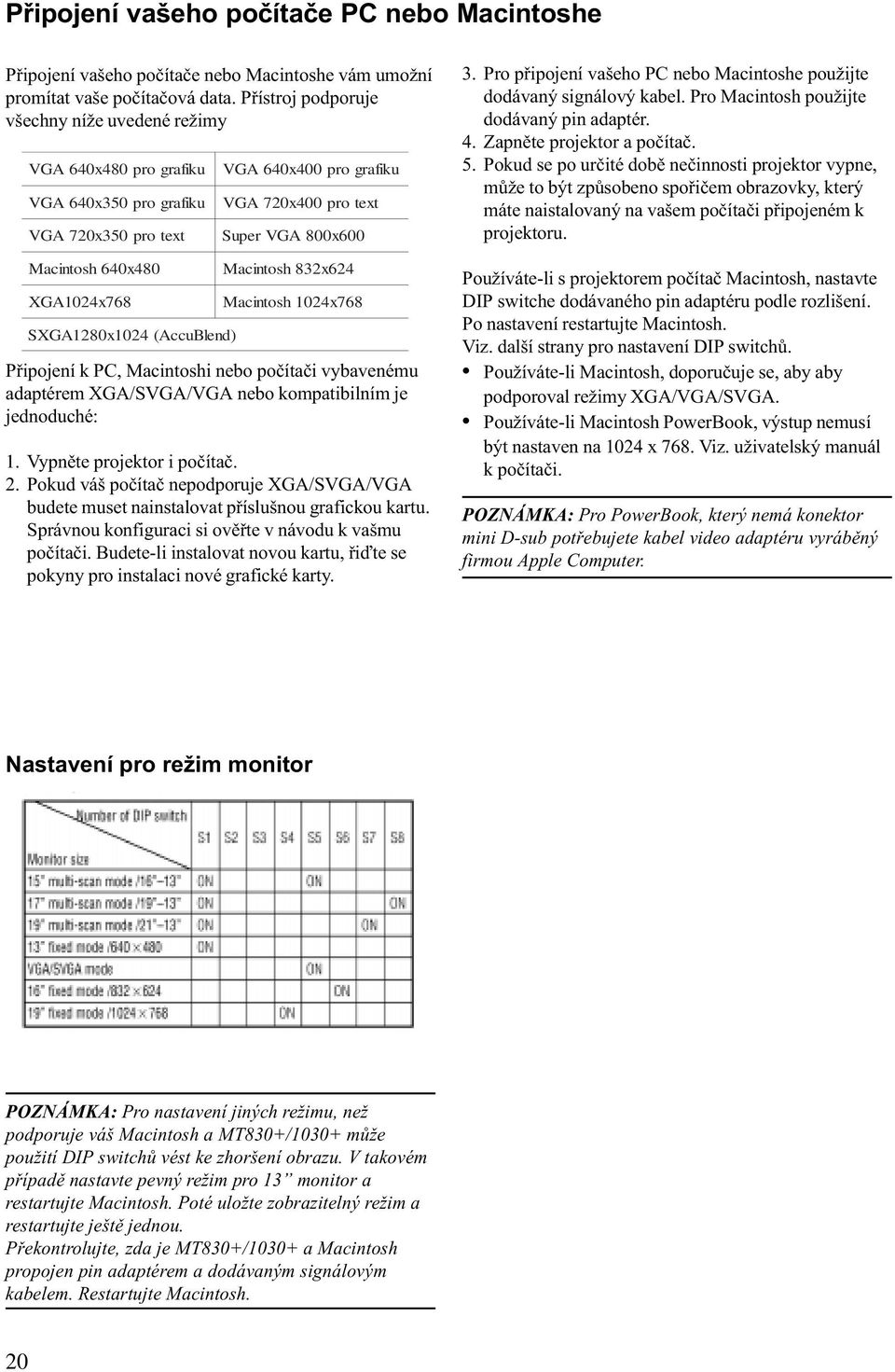 Macintosh832x624 XGA1024x768 Macintosh1024x768 SXGA1280x1024 (AccuBlend) Pøipojení k PC, Macintoshi nebo poèítaèi vybavenému adaptérem XGA/SVGA/VGA nebo kompatibilním je jednoduché: 1.