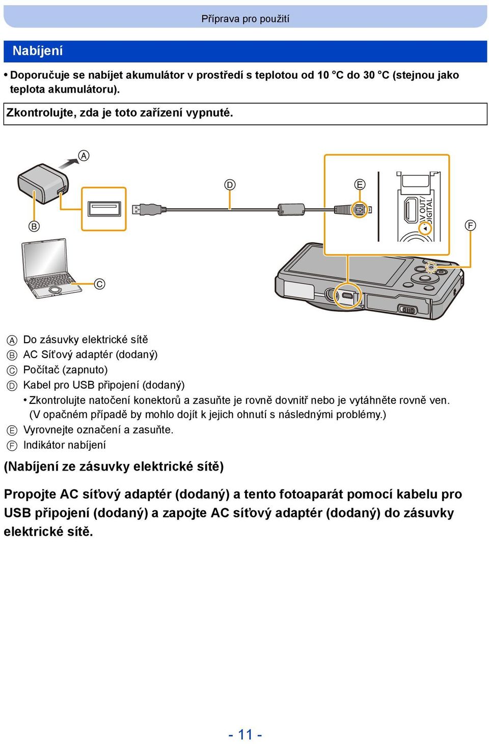 A Do zásuvky elektrické sítě B AC Síťový adaptér (dodaný) C Počítač (zapnuto) D Kabel pro USB připojení (dodaný) Zkontrolujte natočení konektorů a zasuňte je rovně dovnitř nebo je