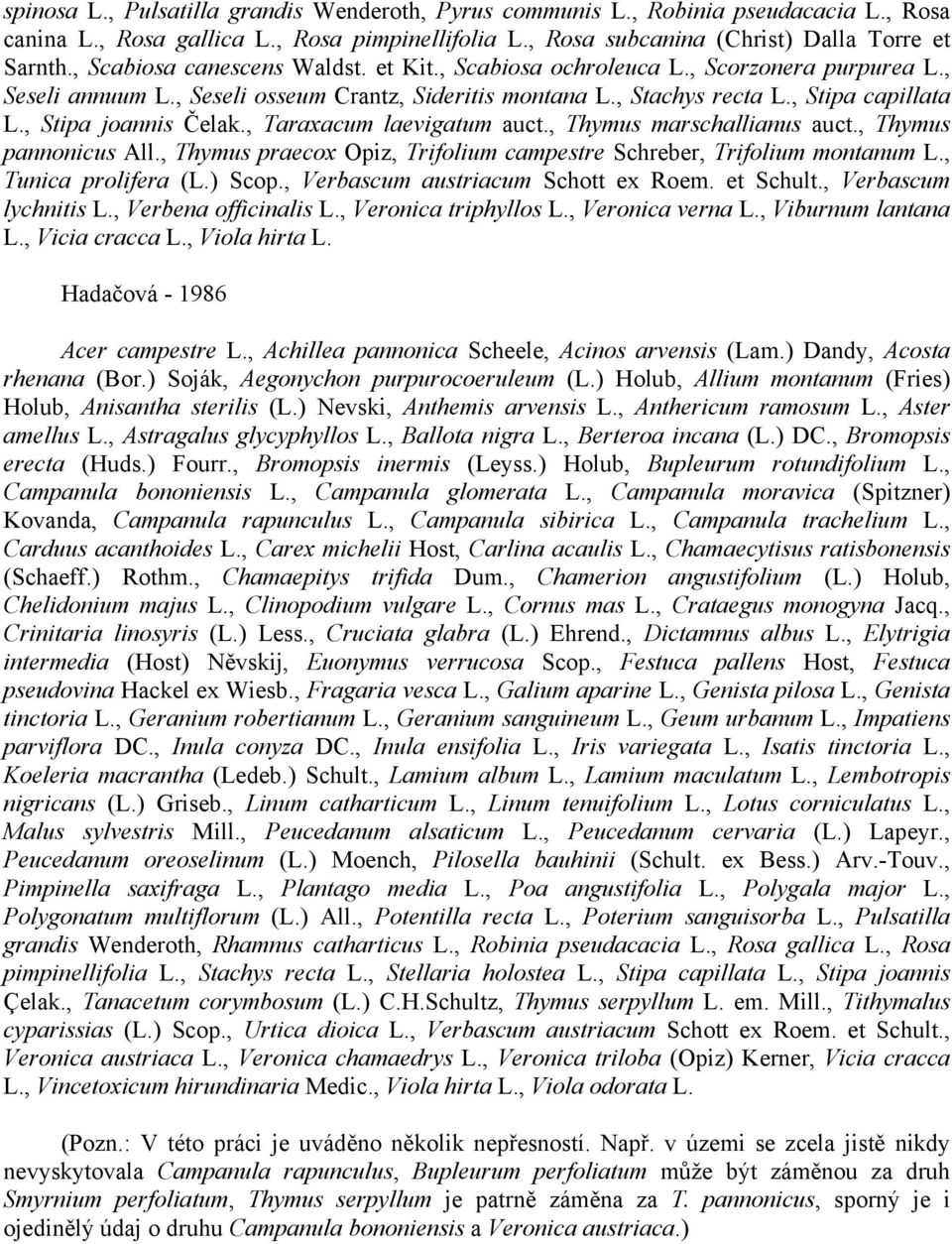 , Stipa joannis Čelak., Taraxacum laevigatum auct., Thymus marschallianus auct., Thymus pannonicus All., Thymus praecox Opiz, Trifolium campestre Schreber, Trifolium montanum L., Tunica prolifera (L.