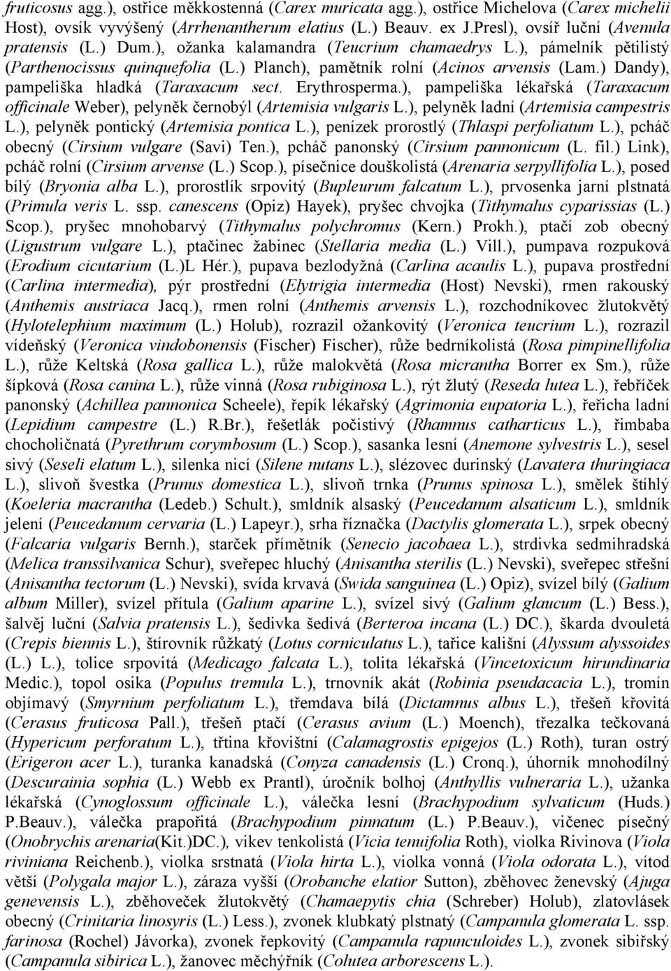 Erythrosperma.), pampeliška lékařská (Taraxacum officinale Weber), pelyněk černobýl (Artemisia vulgaris L.), pelyněk ladní (Artemisia campestris L.), pelyněk pontický (Artemisia pontica L.