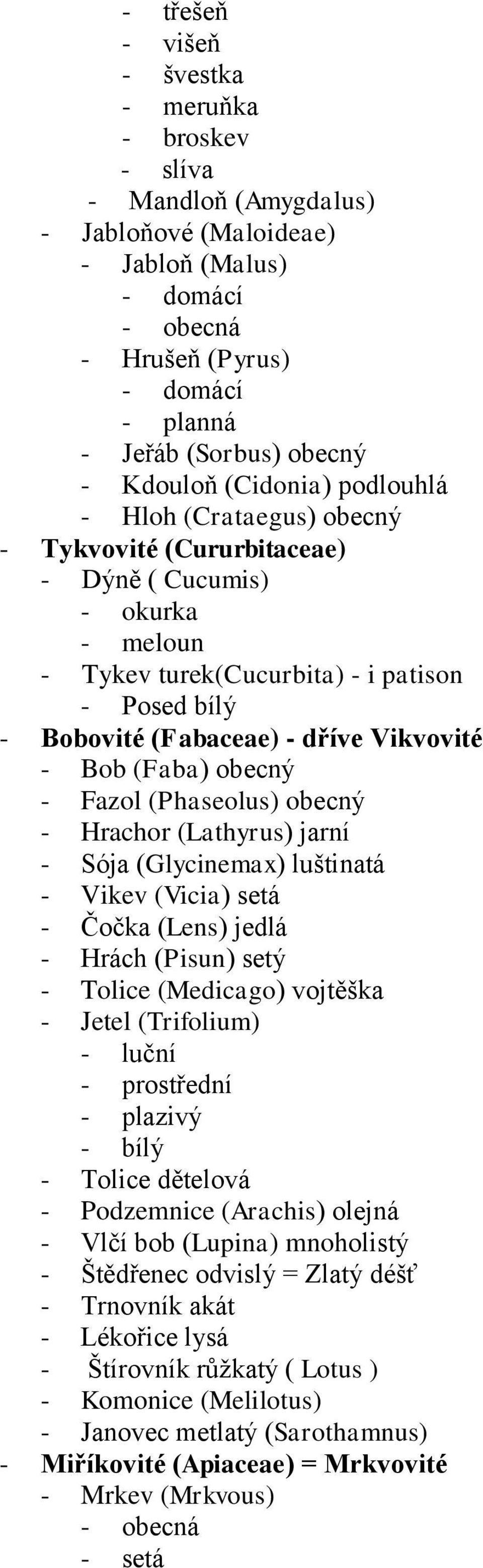 Vikvovité - Bob (Faba) obecný - Fazol (Phaseolus) obecný - Hrachor (Lathyrus) jarní - Sója (Glycinemax) luštinatá - Vikev (Vicia) setá - Čočka (Lens) jedlá - Hrách (Pisun) setý - Tolice (Medicago)