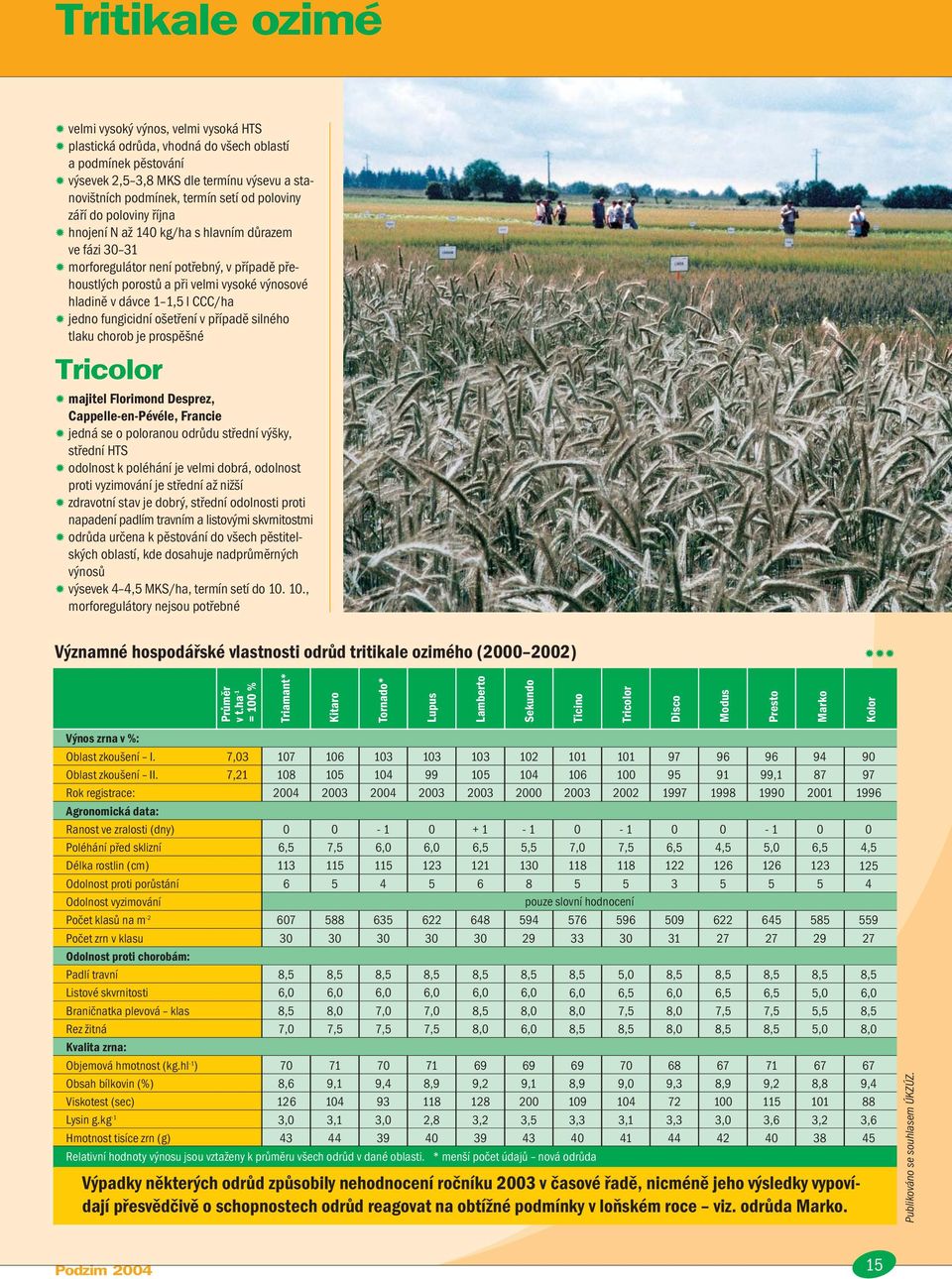 fungicidní ošetření v případě silného tlaku chorob je prospěšné Tricolor majitel Florimond Desprez, Cappelle-en-Pévéle, Francie jedná se o poloranou odrůdu střední výšky, střední HTS odolnost k