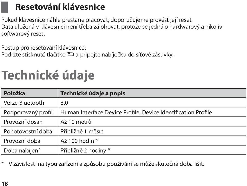 Postup pro resetování klávesnice: Podržte stisknuté tlačítko a připojte nabíječku do síťové zásuvky.