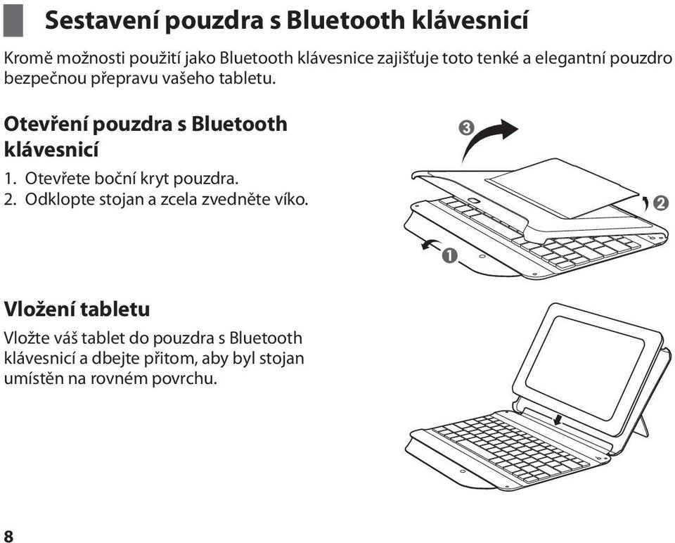 Otevření pouzdra s Bluetooth klávesnicí 1. Otevřete boční kryt pouzdra. 2.