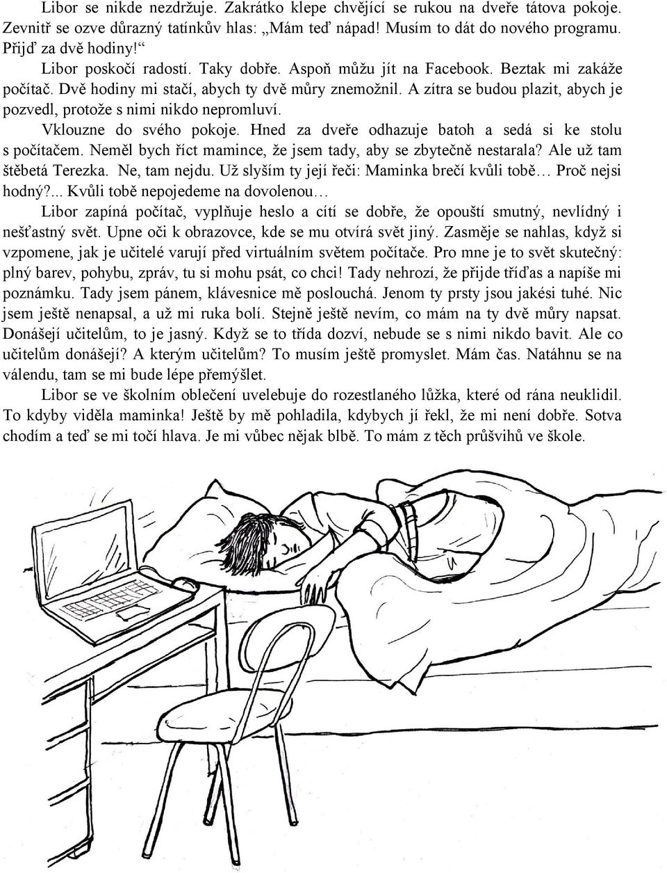 A zítra se budou plazit, abych je pozvedl, protože s nimi nikdo nepromluví. Vklouzne do svého pokoje. Hned za dveře odhazuje batoh a sedá si ke stolu s počítačem.