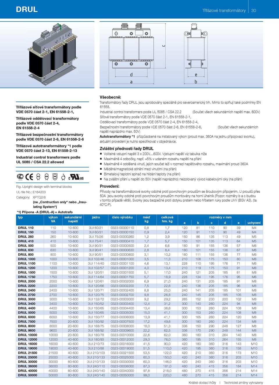 : E164203 Ctgory: XPTQ2/8 (n Contruction only no Insulting Systm ) *1) Přípon -A (DRUL-A) = Autotrfo výkon skunární VA npětí Všocně: Trnsformátory řy DRUL jsou proovány spciálně pro svromrický trh.