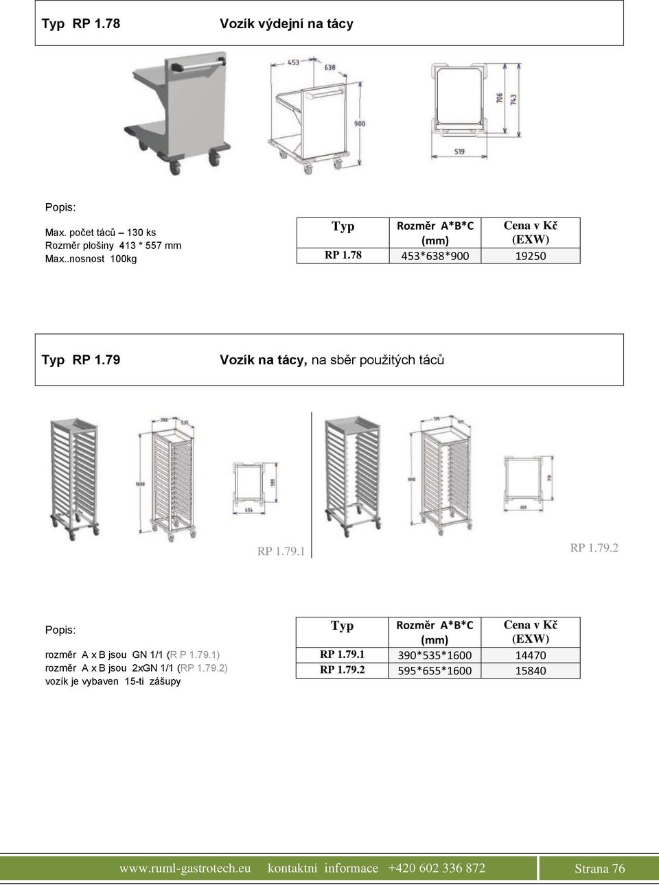 79.2 Popis: rozměr А х B jsou GN 1/1 (R P 1.79.1) rozměr А х B jsou 2хGN 1/1 (RP 1.79.2) vozík je vybaven 15-ti zášupy Typ Rozměr А*В*С RP 1.