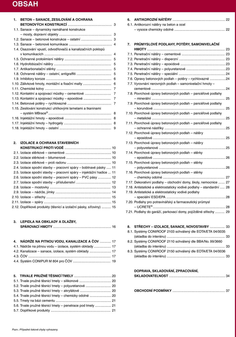 Ochranné nátěry ostatní, antigraffiti... 5 1.9. Inhibitory koroze... 6 1.10. Zálivkové hmoty, montážní a fixační malty... 6 1.11. hemické kotvy... 7 1.12. Kontaktní a spojovací můstky cementové... 7 1.13.