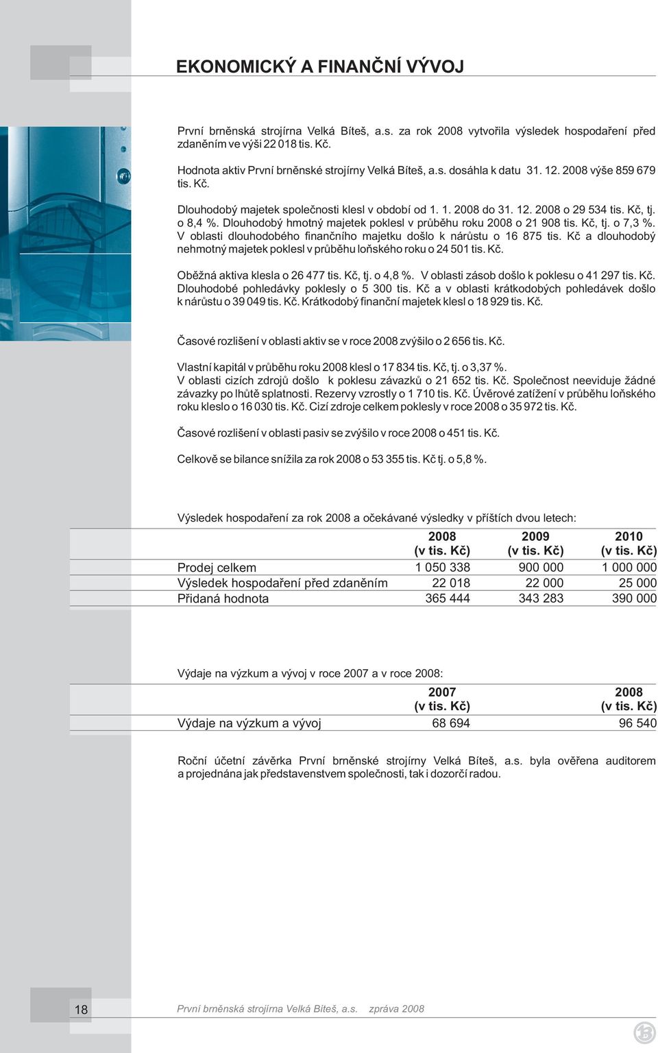 Kè, tj. o 8,4 %. Dlouhodobý hmotný majetek poklesl v prùbìhu roku 2008 o 21 908 tis. Kè, tj. o 7,3 %. V oblasti dlouhodobého finanèního majetku došlo k nárùstu o 16 875 tis.