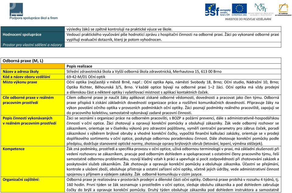 Odborná praxe (M, L) Kód a název oboru vzdělání Místo výkonu praxe Cíle odborné praxe v reálném pracovním prostředí Popis činností vykonávaných v reálném pracovním prostředí Kompetence 69-42-M/01