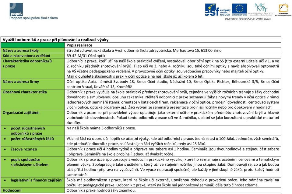 V provozovně oční optiky jsou vedoucími pracovníky nebo majiteli oční optiky. Mají dlouholeté zkušenosti s praxí v oční optice a na naší škole již učí kolem 5 let.