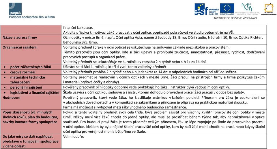 Volitelný předmět (praxe v oční optice) se uskutečňuje na smluvním základě mezi školou a pracovištěm.