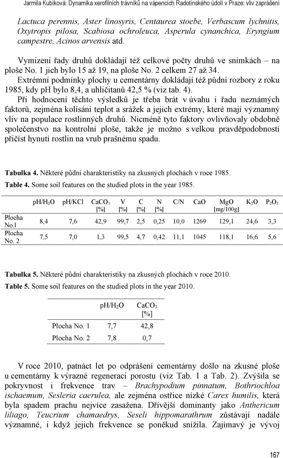 2 celkem 27 až 34. Extrémní podmínky plochy u cementárny dokládají též půdní rozbory z roku 1985, kdy ph bylo 8,4, a uhličitanů 42,5 % (viz tab. 4).