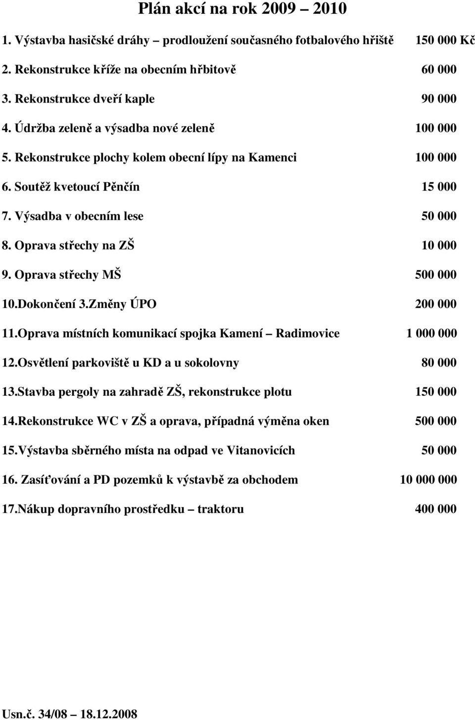 Oprava střechy na ZŠ 10 000 9. Oprava střechy MŠ 500 000 10.Dokončení 3.Změny ÚPO 200 000 11.Oprava místních komunikací spojka Kamení Radimovice 1 000 000 12.