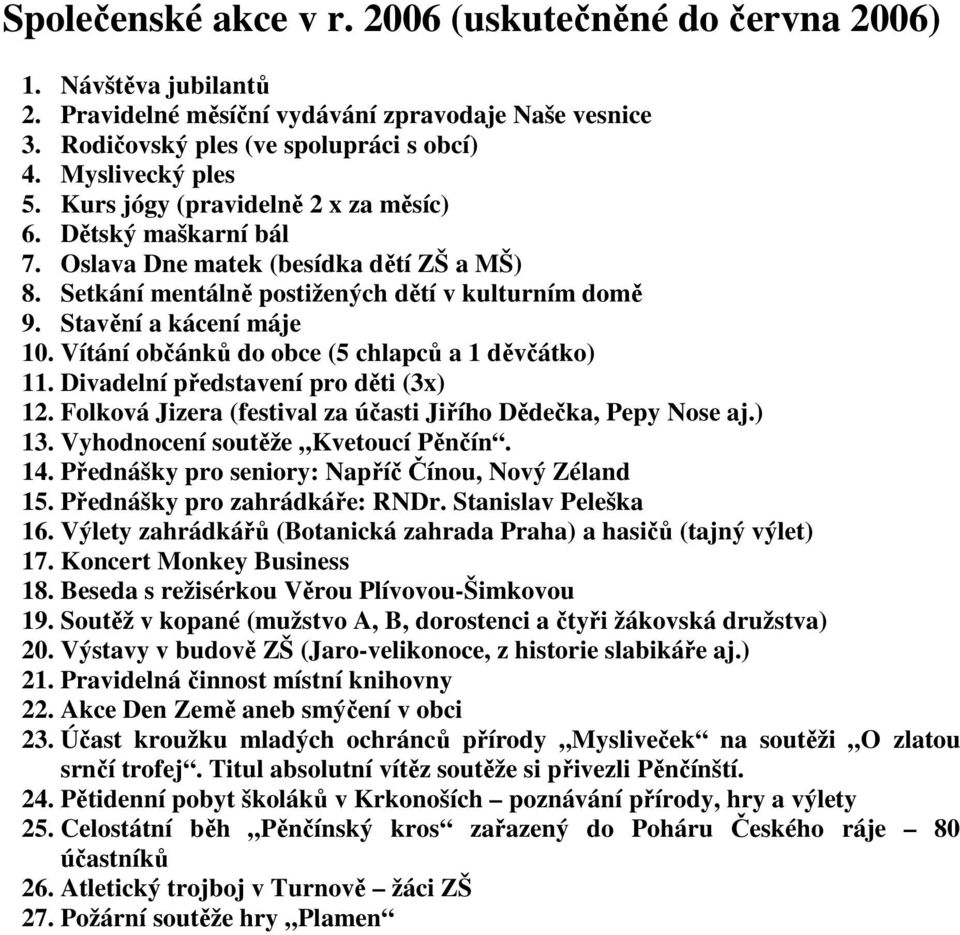 Vítání občánků do obce (5 chlapců a 1 děvčátko) 11. Divadelní představení pro děti (3x) 12. Folková Jizera (festival za účasti Jiřího Dědečka, Pepy Nose aj.) 13. Vyhodnocení soutěže Kvetoucí Pěnčín.